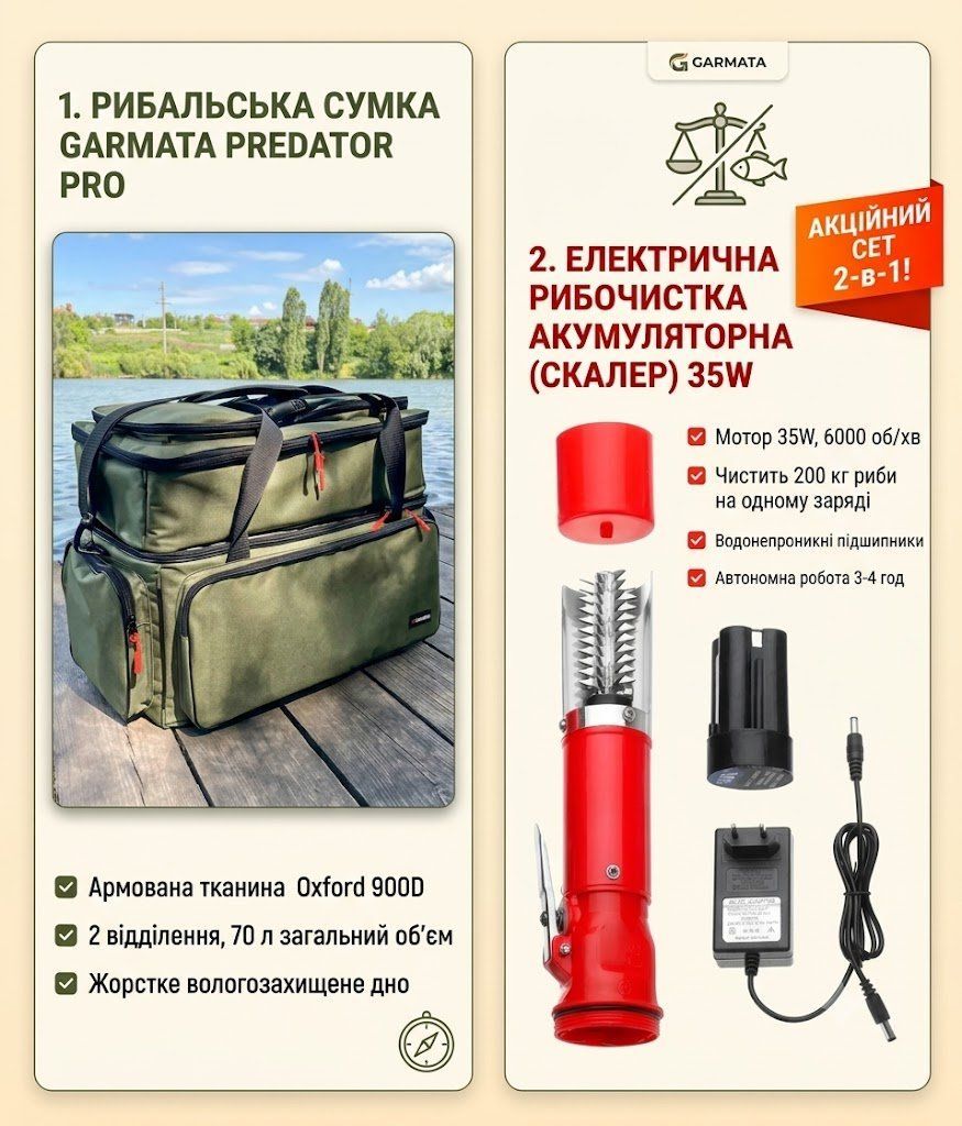 Короповий набір Garmata Predator Pro: Сумка-трансформер 70 л + Електричний скалер для риби (акумуляторний рибальський сет)