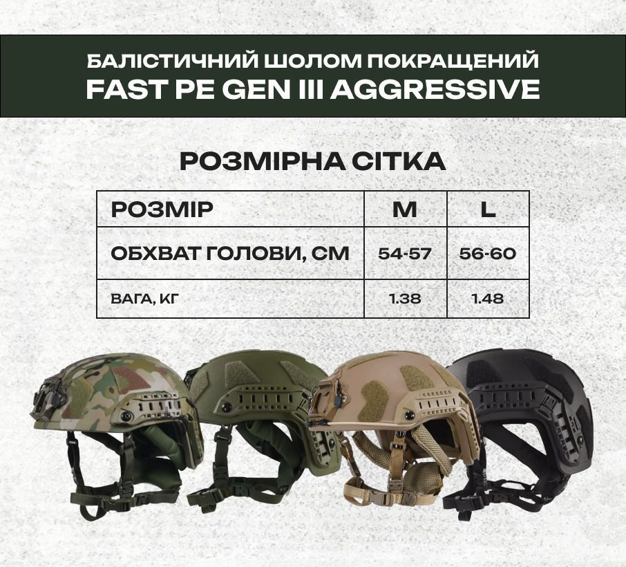 Балістичний шолом FAST PE GEN III AGGRESSIVE Olive (NIJ IIIA), M