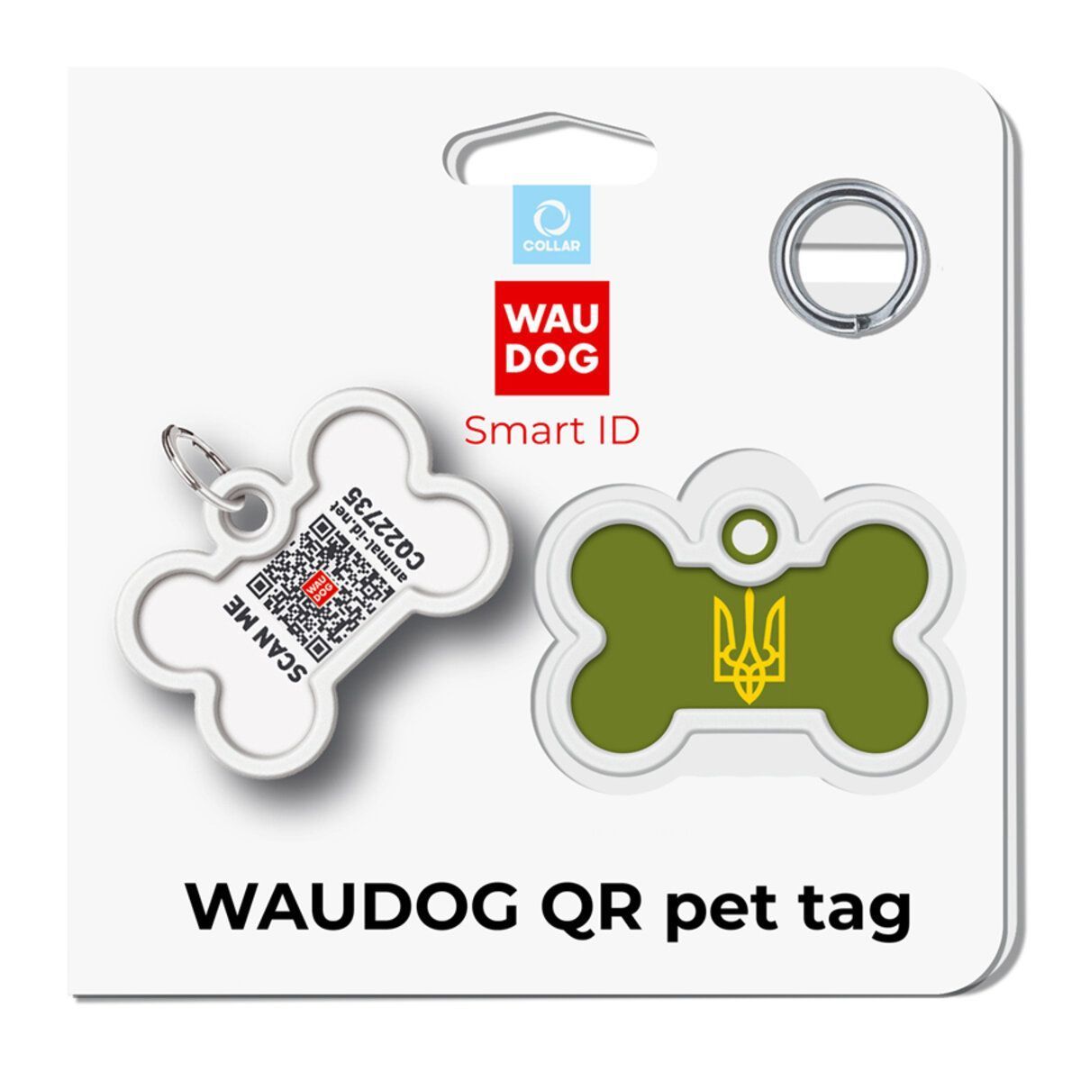 Адресник для собак и кошек металлический WAUDOG Smart ID с QR паспортом, рисунок "Трезубец олива", кость, Д 40 мм, Ш 28 мм