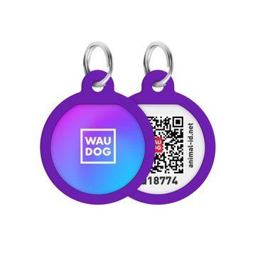 Адресник для собак и кошек металлический WAUDOG Smart ID с QR паспортом, рисунок "Градиент фиолетовый", круг, Д 25 мм