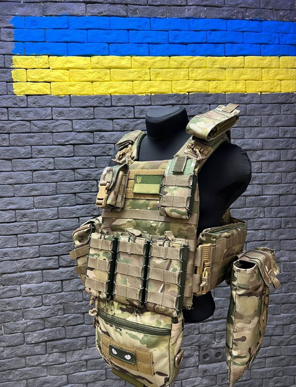 Плитоноска M7 размер S-XXXXL &mdash; камербанды, напашник, 7 подсумков, Мультикам (обхват до 135 см)