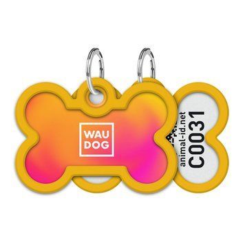 Адресник для собак и кошек металлический WAUDOG Smart ID с QR паспортом, рисунок "Градиент оранжевый", кость, Д 40 мм, Ш 28 мм