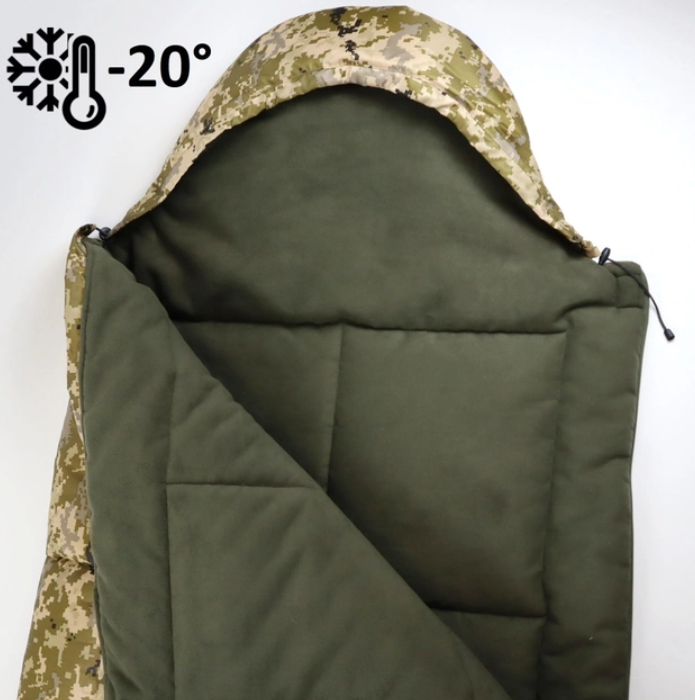 Зимний спальный мешок-одеяло с капюшоном тактический -20 C° на флисе. Водонепроницаемый, цвет пиксель.