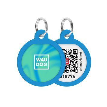 Адресник для собак и кошек металлический WAUDOG Smart ID с QR паспортом, рисунок "Градиент голубой", круг, Д 25 мм
