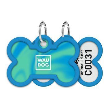 Адресник для собак и кошек металлический WAUDOG Smart ID с QR паспортом, рисунок "Градиент голубой", кость, Д 40 мм, Ш 28 мм