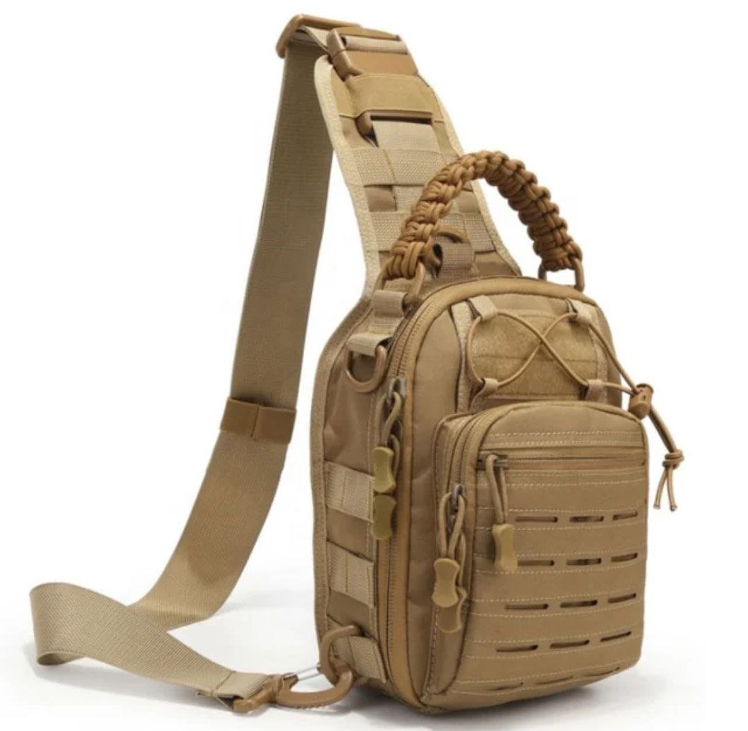Нагрудная тактическая сумка через плечо койот. Однолямочный рюкзак.
