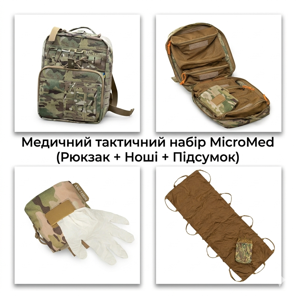 Компактный медицинский сет MicroMed: Рюкзак 11л, мягкие эвакуационные носилки и подсумок для перчаток