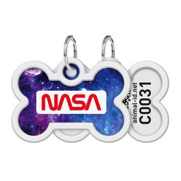 Адресник для собак и кошек металлический WAUDOG Smart ID с QR паспортом, рисунок "NASA21", кость, Д 40 мм, Ш 28 мм